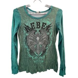 Buckle Women's XL Green Rebel Eagle Rhinestone Long Sleeve‎ Shirt VTG Y2K Biker